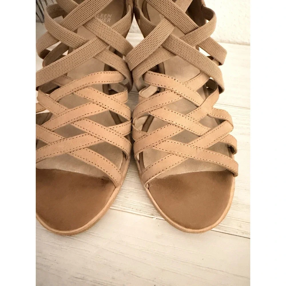 Eileen Fisher Strappy Wedge Heels‎ Women Size 9.5/10 Sandals Leather Rear Zip